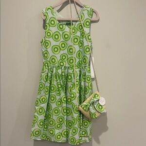 TAHARI GIRL - Green Kiwi Print Kids Dress with Bag